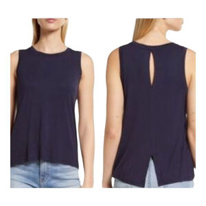 Halogen Navy Blue Tank Top with Back Cut Out & Hem Slit Rayon/Elastane Blend